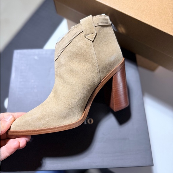 Vince Camuto Beige Suede Ankle Bootie with Stacked Heel - Picture 3 of 6